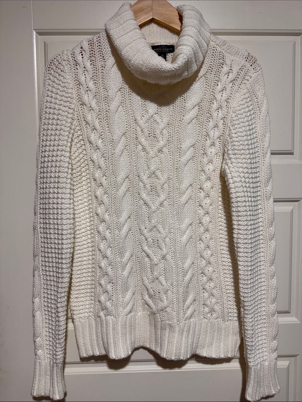 Ralph Lauren white cable knit turtleneck fisherman heavy cotton sweater